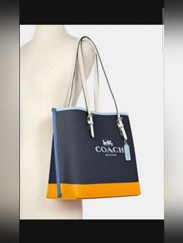 Coach Navy Denim Yellow & Light Blue Colorblock Leather Tote